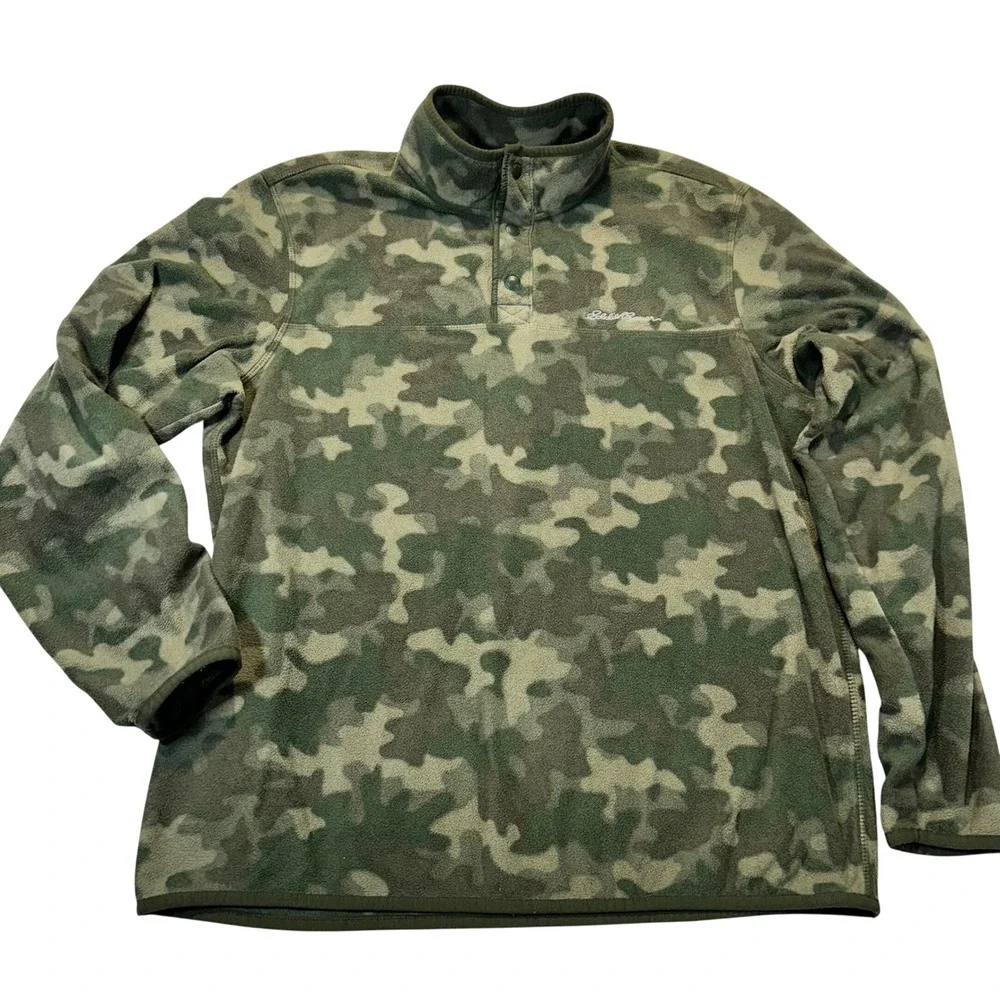 Eddie‎ Bauer Fleece Pullover Mens XL Green Camo Snap Neck Outdoor Gorpcore